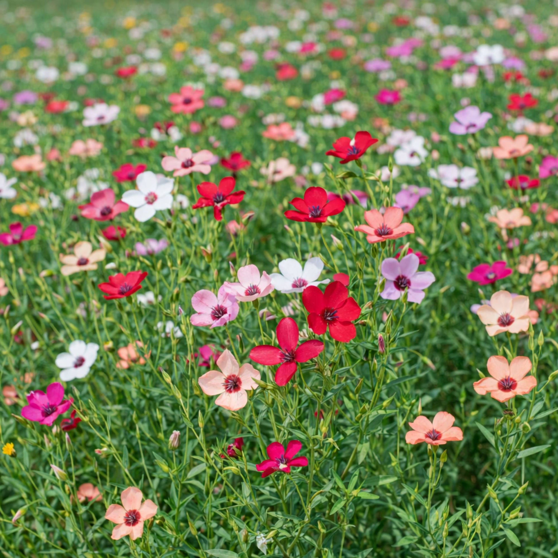 Linum grandiflorum mix growing in a wildflower border with airy stems
